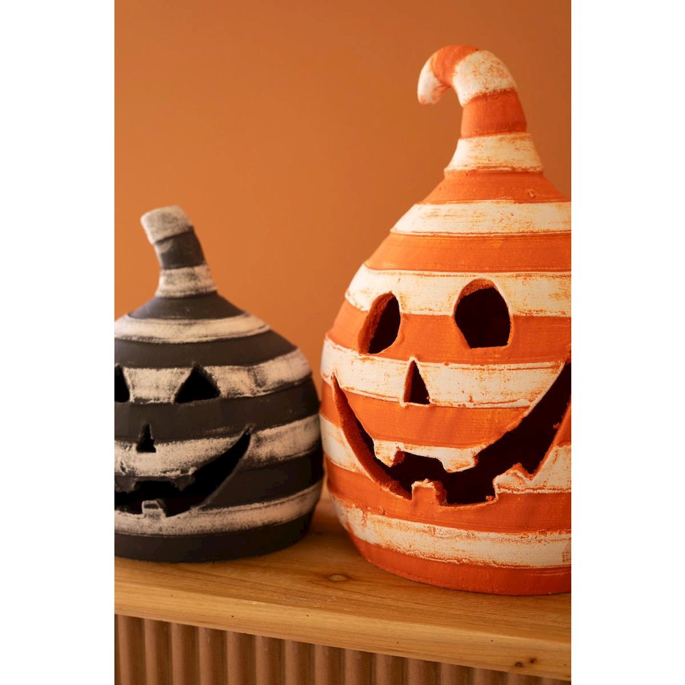 Set Of Two Painted Clay Striped Jack-O-Lanterns. Picture 5