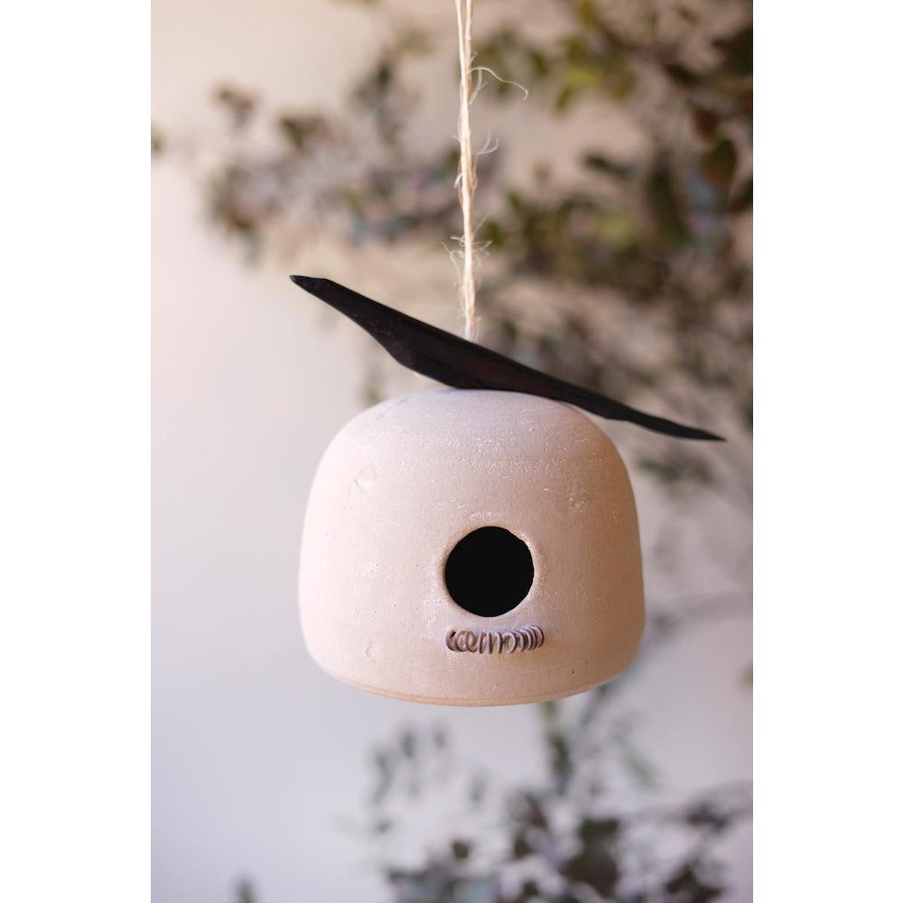 Hanging Clay Birdhouse With Carved Wooden Bird Detail. Picture 1