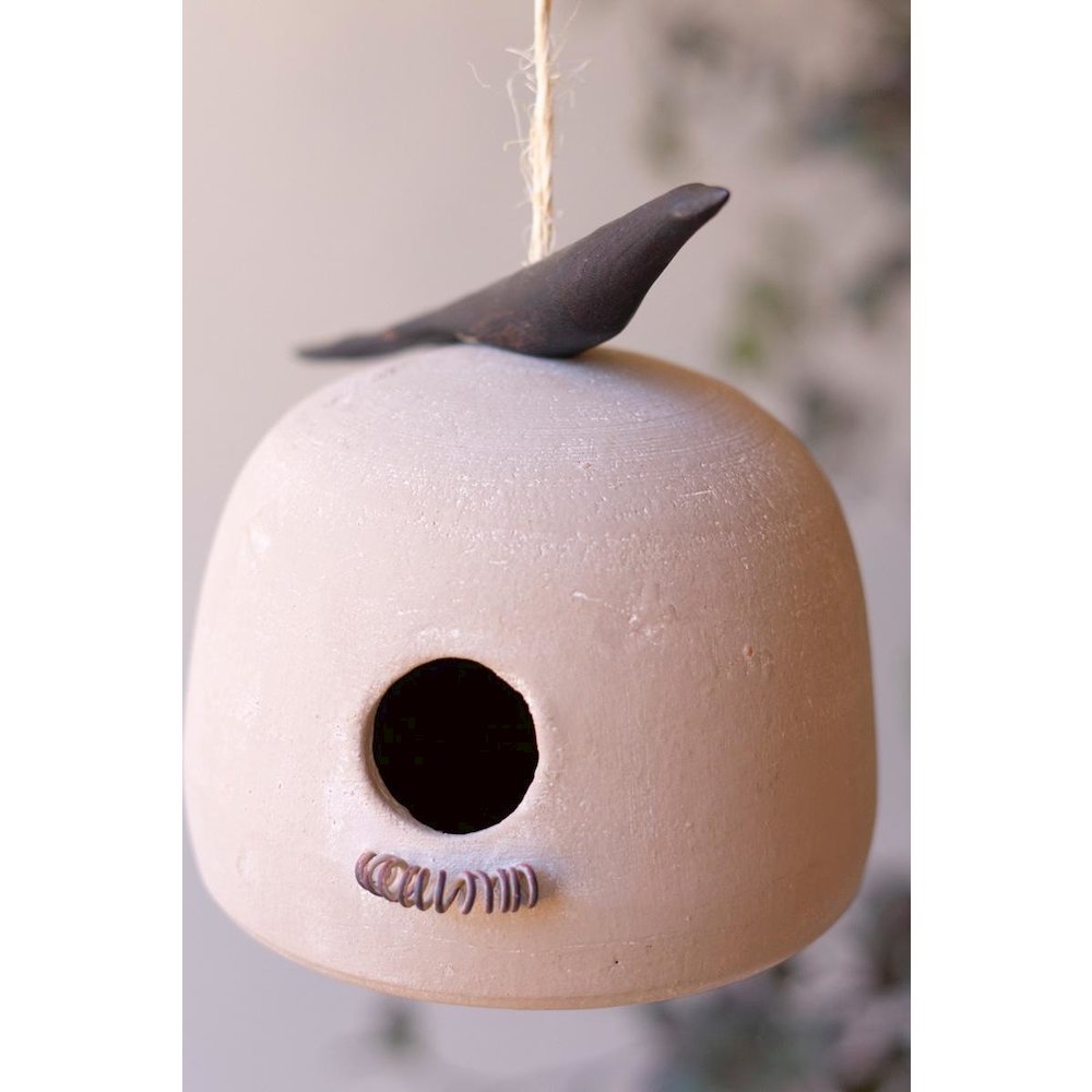 Hanging Clay Birdhouse With Carved Wooden Bird Detail. Picture 2
