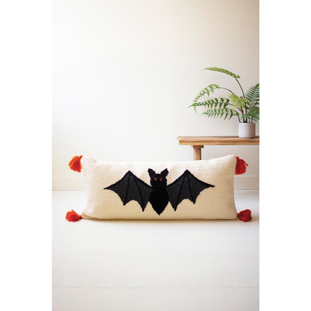 Halloween Bat Hand Hooked Pillow. Picture 1