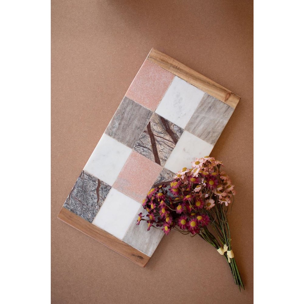 Rectangle Marble And Wood Checkered Serving Board. Picture 1