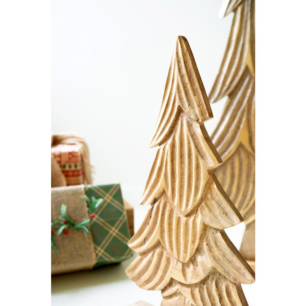 Set Of Three Carved Wooden Christmas Trees On Bases. Picture 2