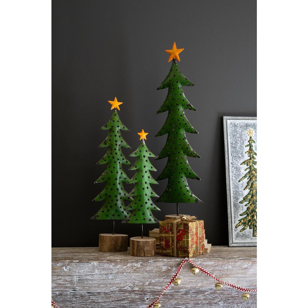 Set Of Three Recycled Iron Christmas Trees On Wood Bases. Picture 2
