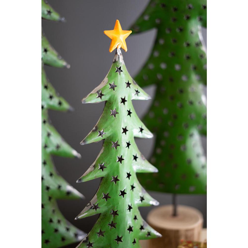 Set Of Three Recycled Iron Christmas Trees On Wood Bases. Picture 3