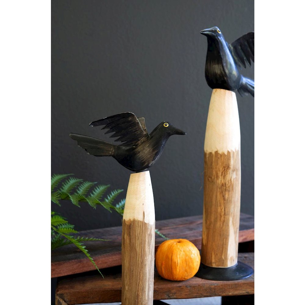 Set Of Two Black Iron Crows On Wooden Bases. Picture 2