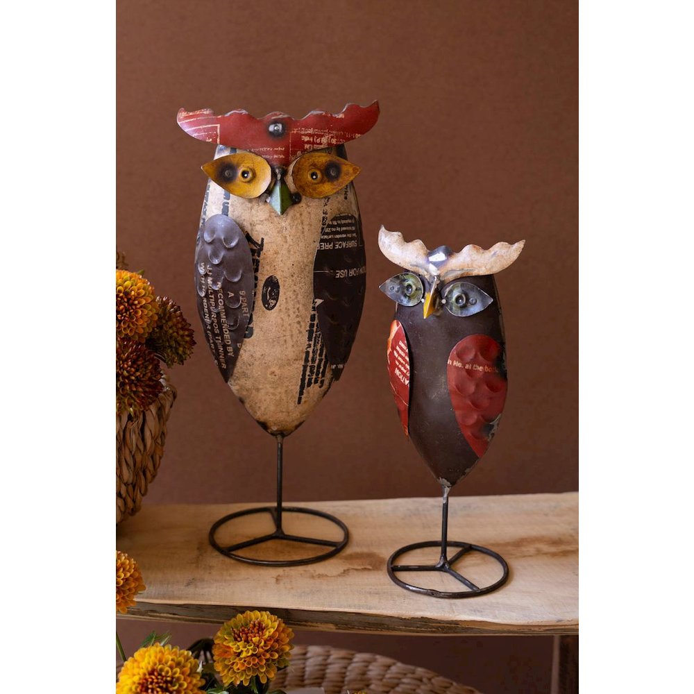 Set Of Two Recycled Iron Owls On Stands. Picture 3