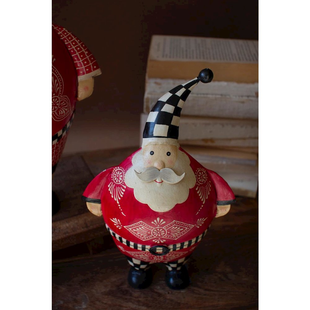 Set Of Two Painted Metal Santas With Checkered Detail. Picture 2