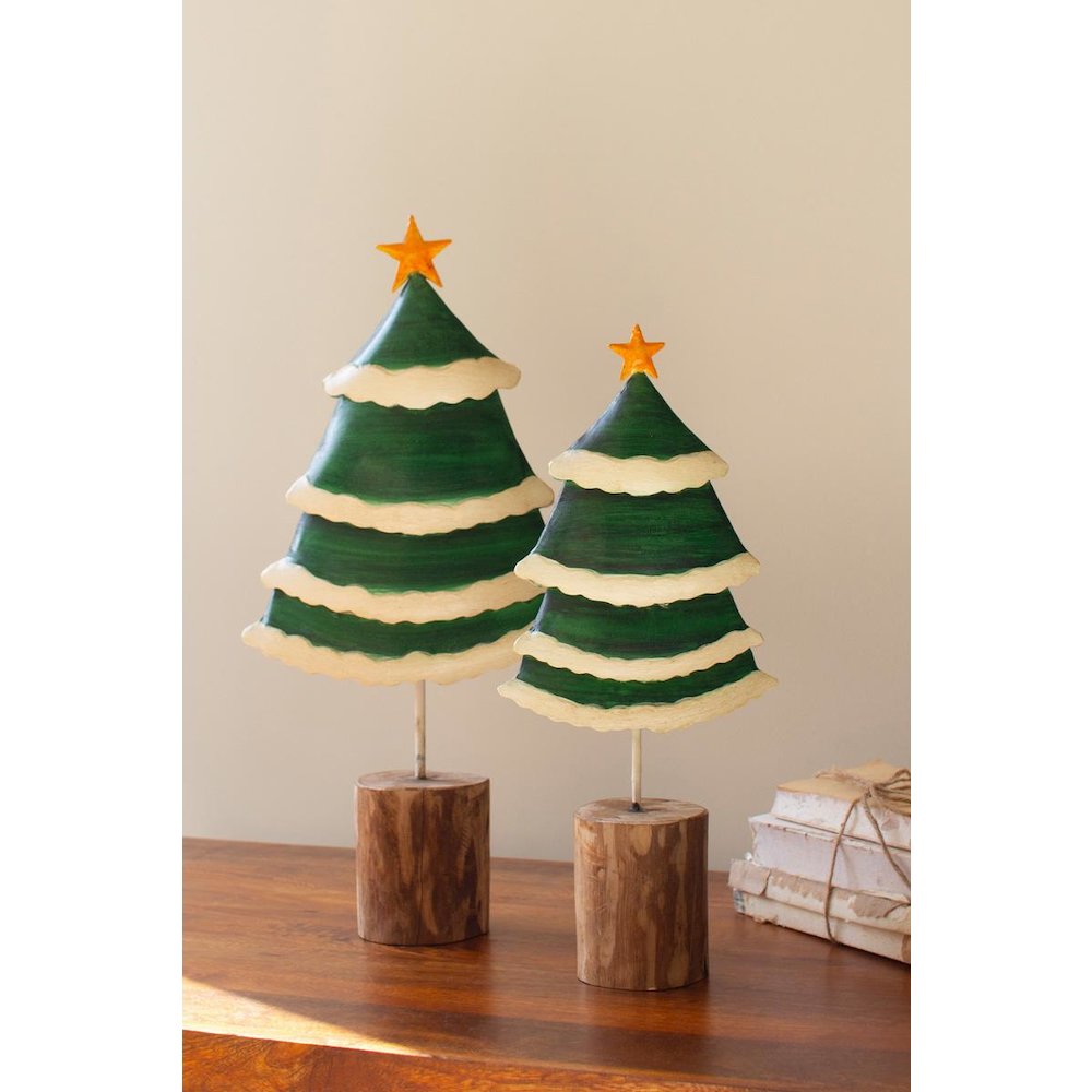 Set Of Two Painted Green And White Metal Christmas Trees On Wooden Bases. Picture 1