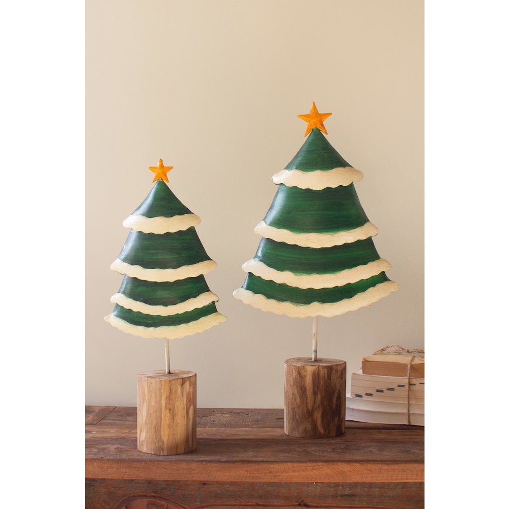 Set Of Two Painted Green And White Metal Christmas Trees On Wooden Bases. Picture 2