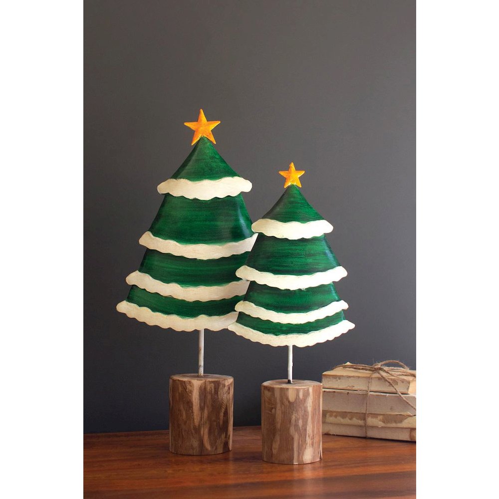 Set Of Two Painted Green And White Metal Christmas Trees On Wooden Bases. Picture 5