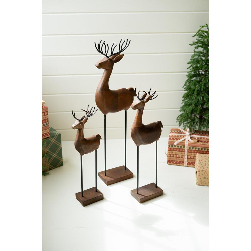 Set Of Three Carved Wood And Iron Reindeer On Bases. Picture 2