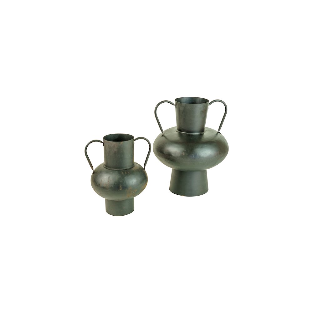 Set Of Two Waxed Black Metal Urns With Handles. Picture 1