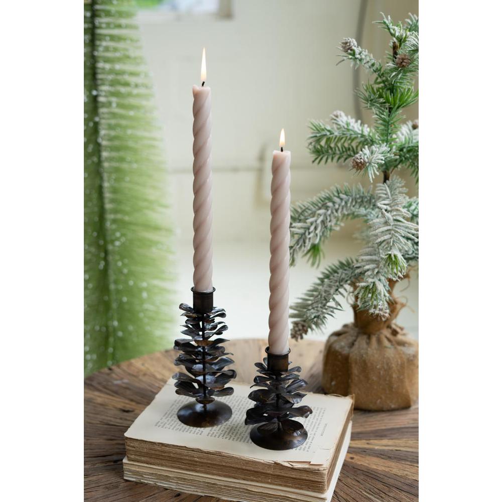 Set Of Two Metal Pine Cone Taper Holders - Antique Brown. Picture 3