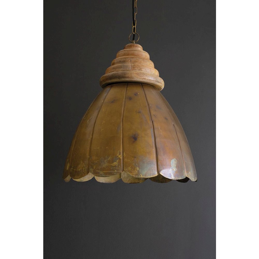 Antique Brass Pendant Light With Wood Detail 20" Dia.. Picture 1