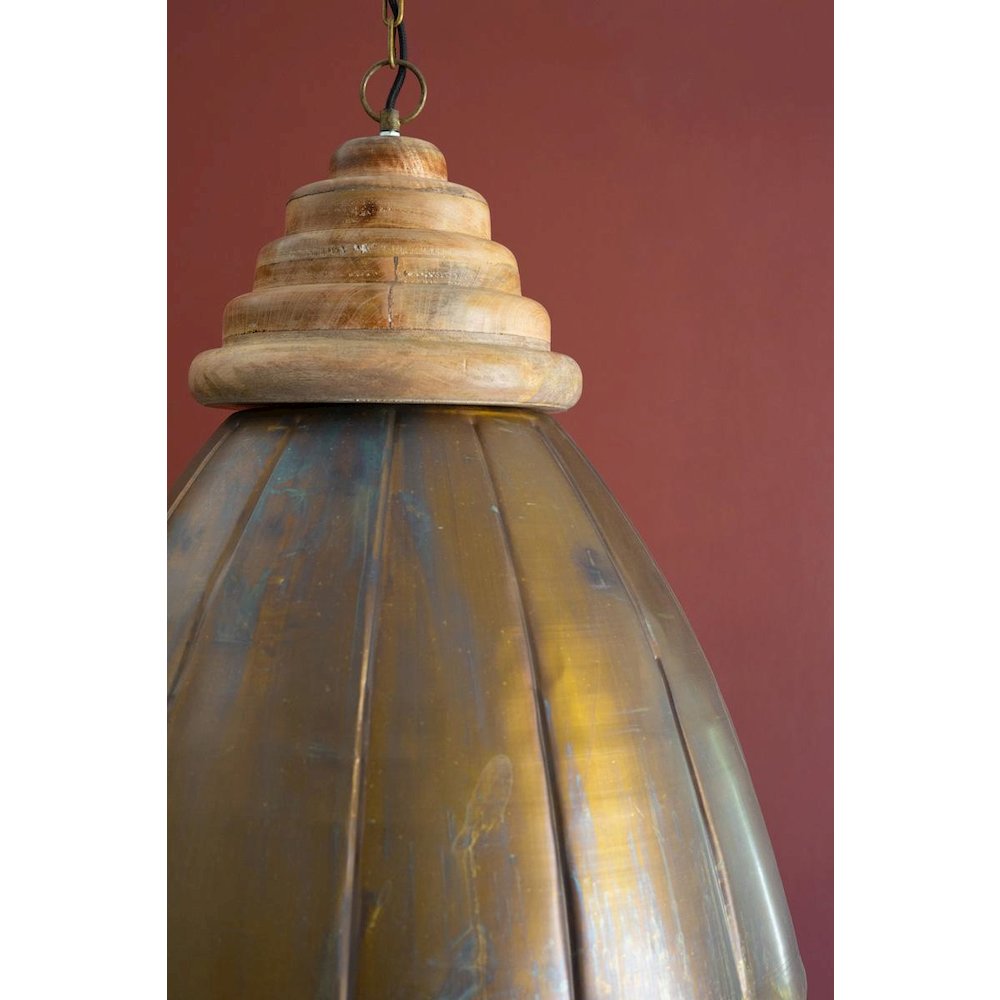 Antique Brass Pendant Light With Wood Detail 20" Dia.. Picture 2