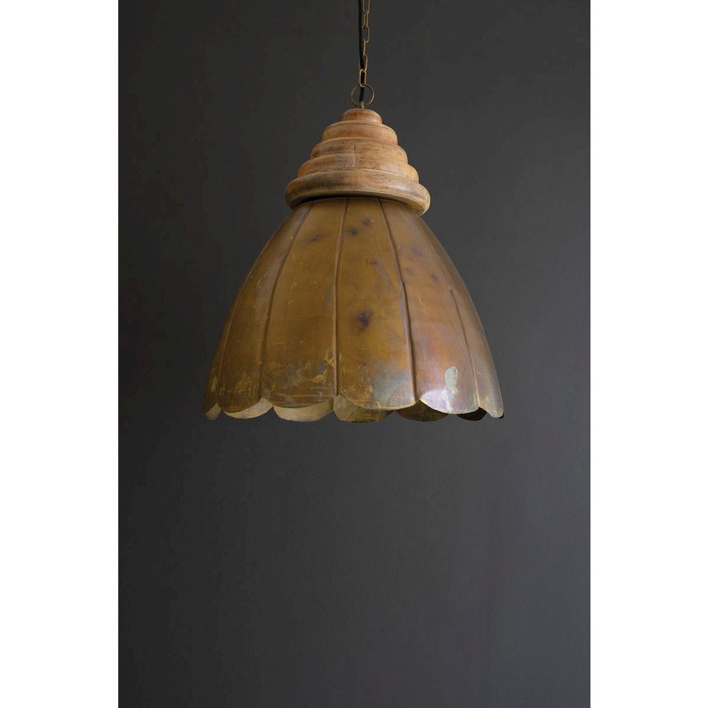 Antique Brass Pendant Light With Wood Detail 20" Dia.. Picture 3