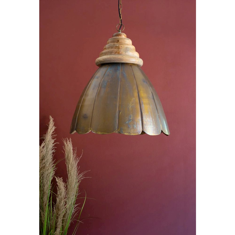 Antique Brass Pendant Light With Wood Detail 20" Dia.. Picture 5