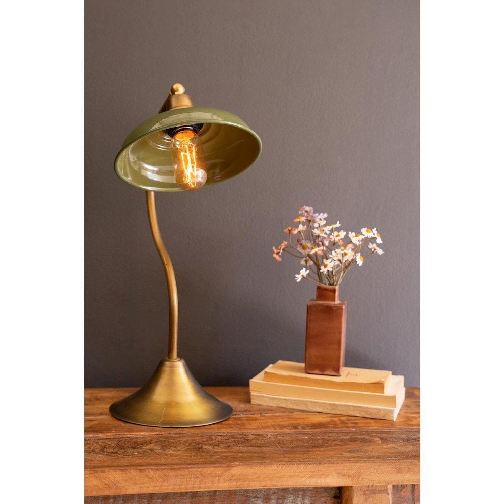 Antique Brass Table Lamp With Green Enamel Shade. Picture 2