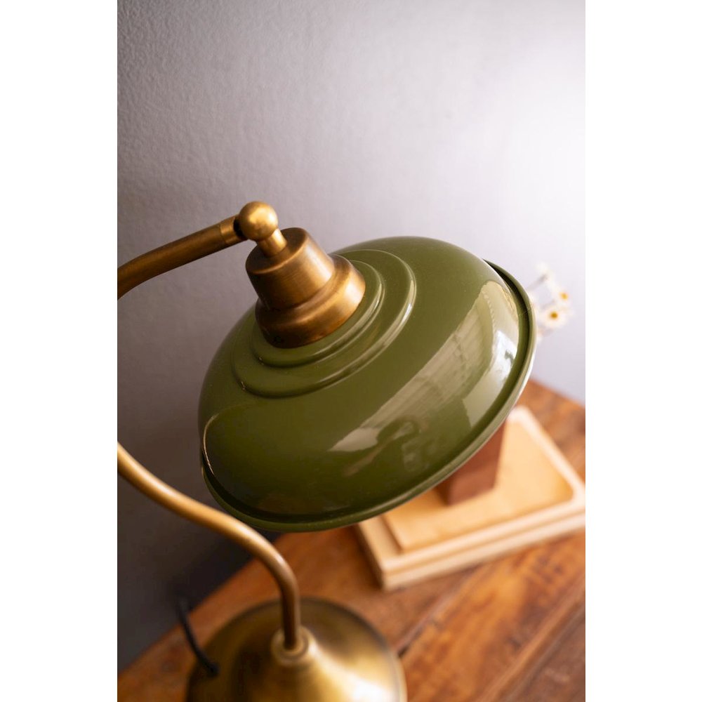 Antique Brass Table Lamp With Green Enamel Shade. Picture 3