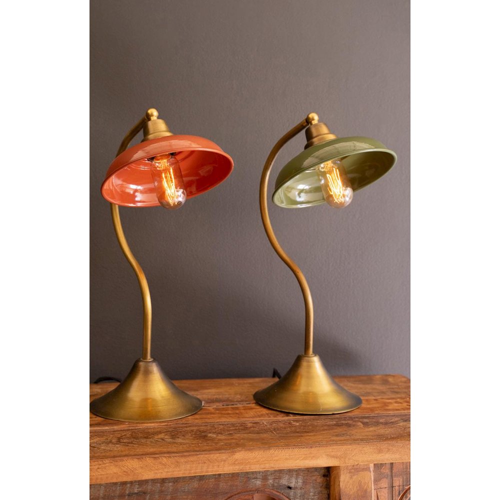 Antique Brass Table Lamp With Green Enamel Shade. Picture 5