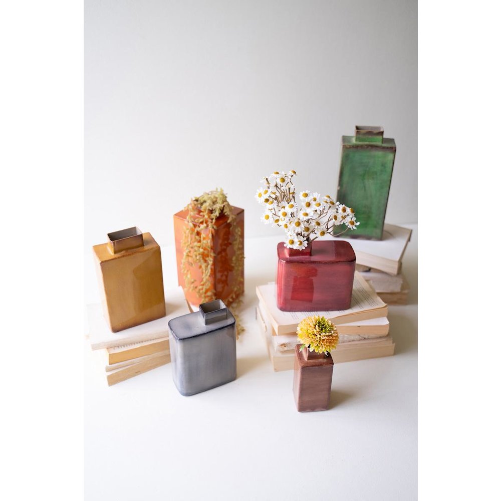 Set Of Six Painted Metal Vases - One Each. Picture 2