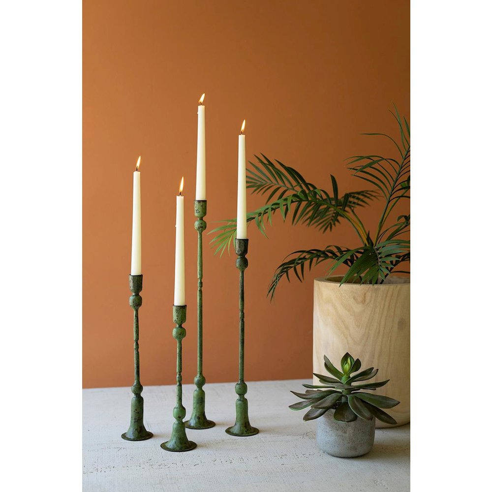 Set Of Four Forged-Iron Taper Candle Holders - Green Patina. Picture 1