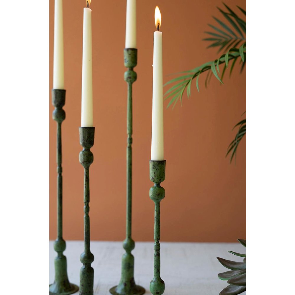 Set Of Four Forged-Iron Taper Candle Holders - Green Patina. Picture 2