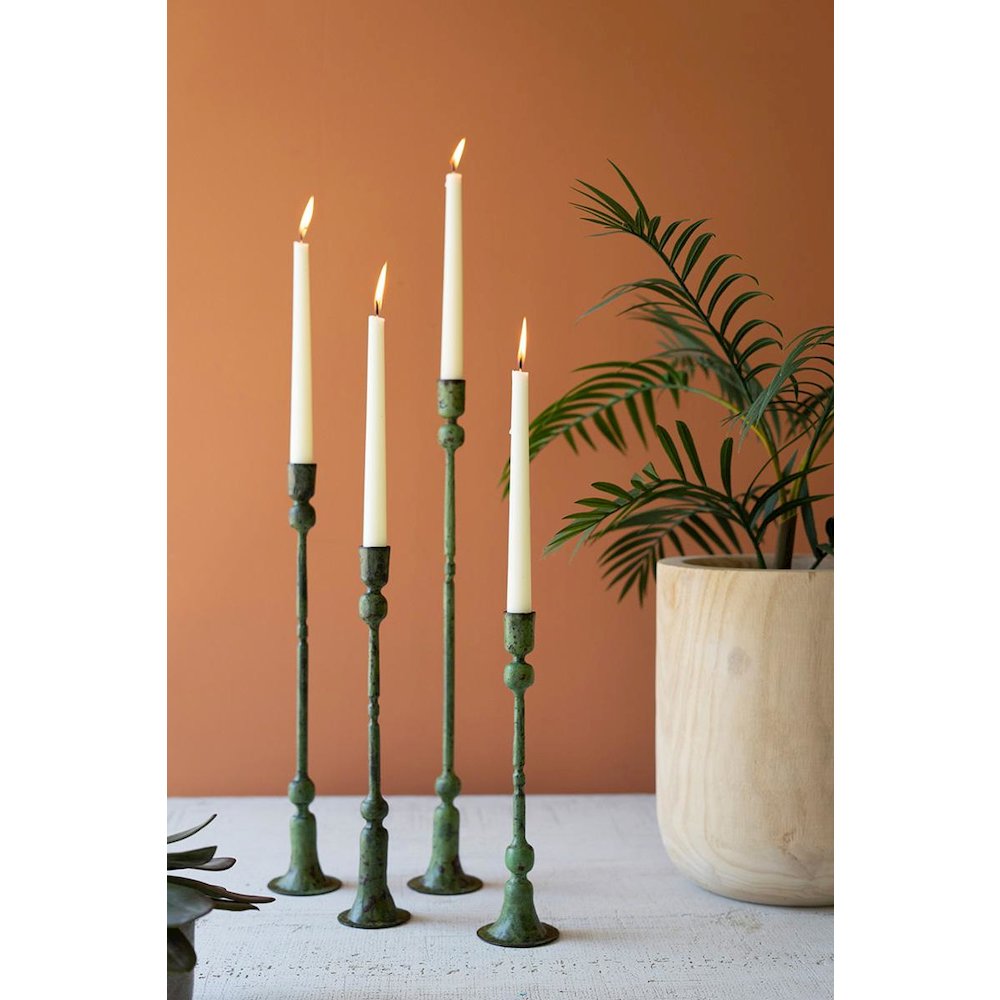 Set Of Four Forged-Iron Taper Candle Holders - Green Patina. Picture 3