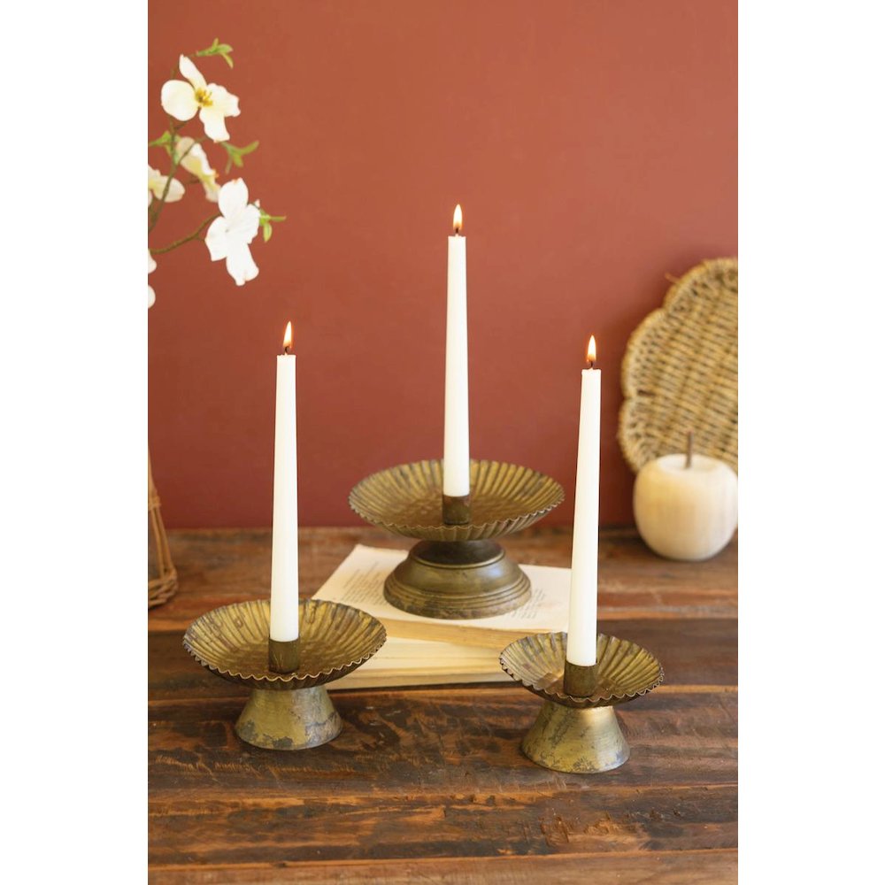 Set Of Three Taper Candle Holders W Fluted Bases -Ant Gold. Picture 1