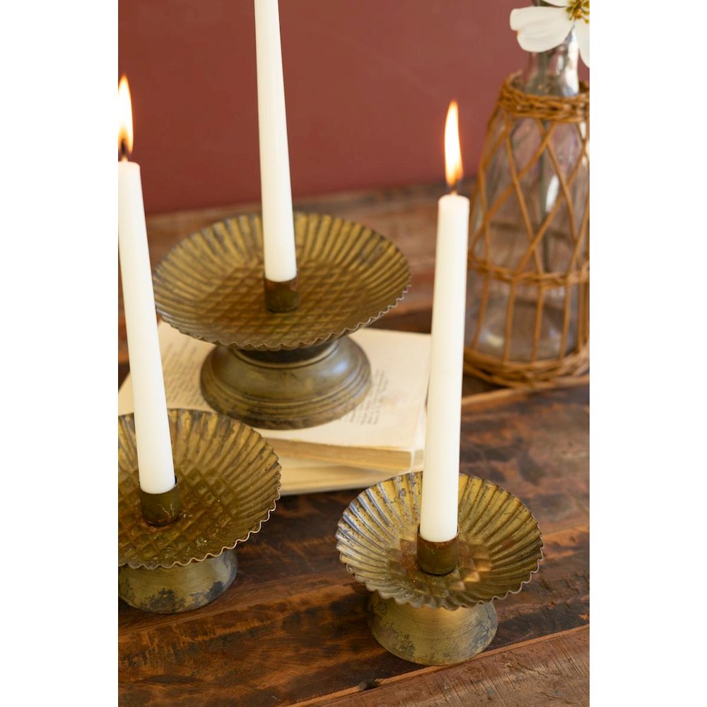 Set Of Three Taper Candle Holders W Fluted Bases -Ant Gold. Picture 2