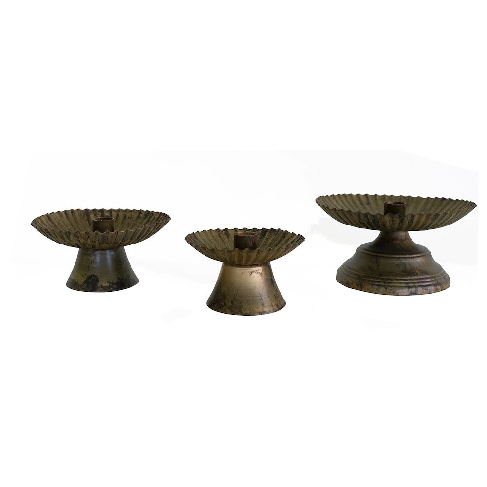 Set Of Three Taper Candle Holders W Fluted Bases -Ant Gold. Picture 3