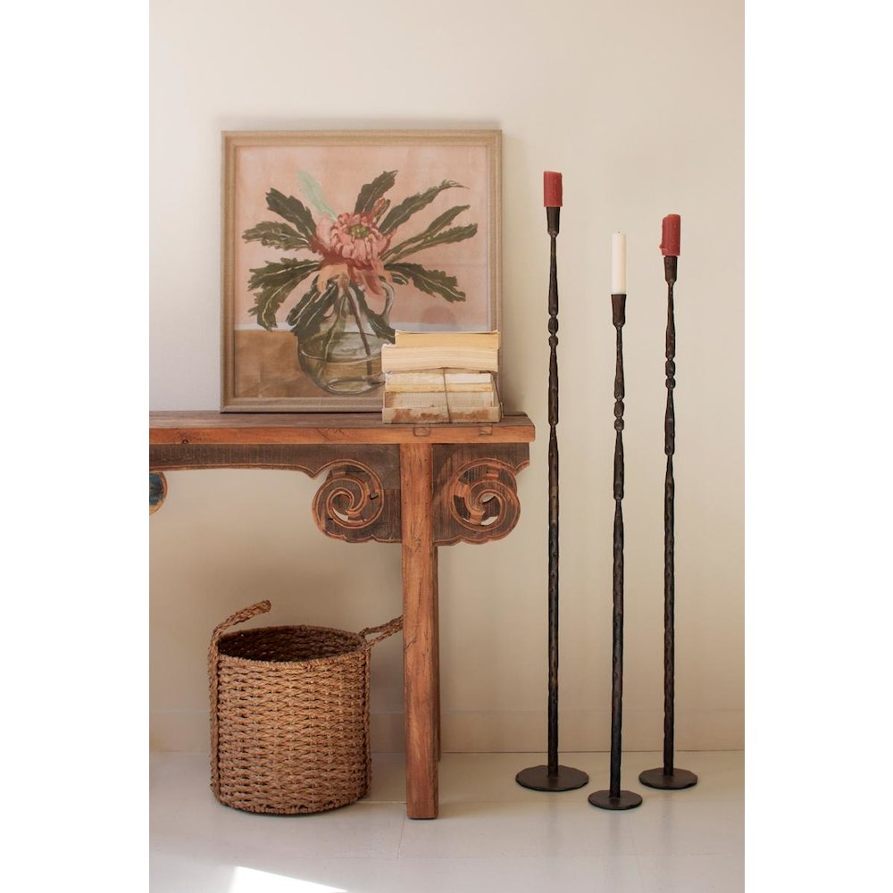 Set Of 3 Tall Forged-Iron Taper Candle Holders - Ant Brass. Picture 1