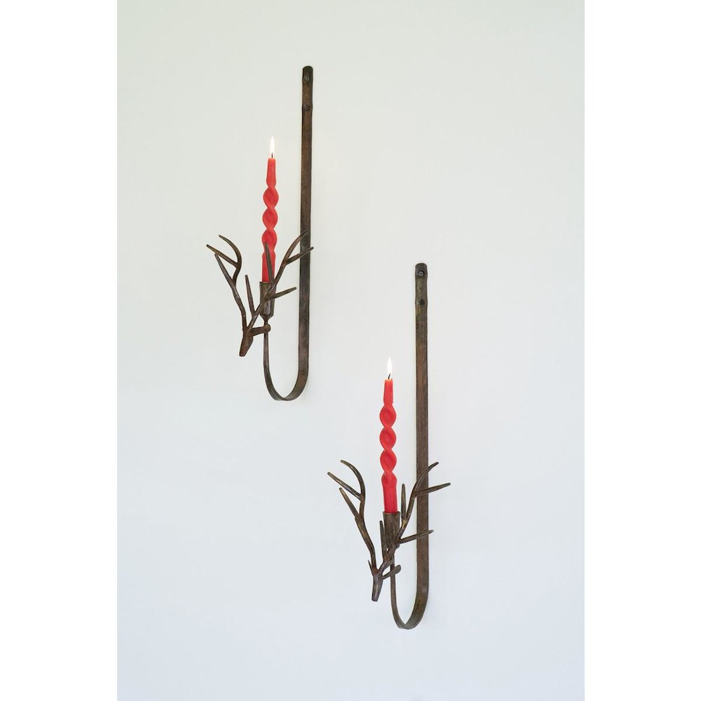 Set Of Two Forged Rustic Brass Deer Taper Wall Sconces. Picture 2