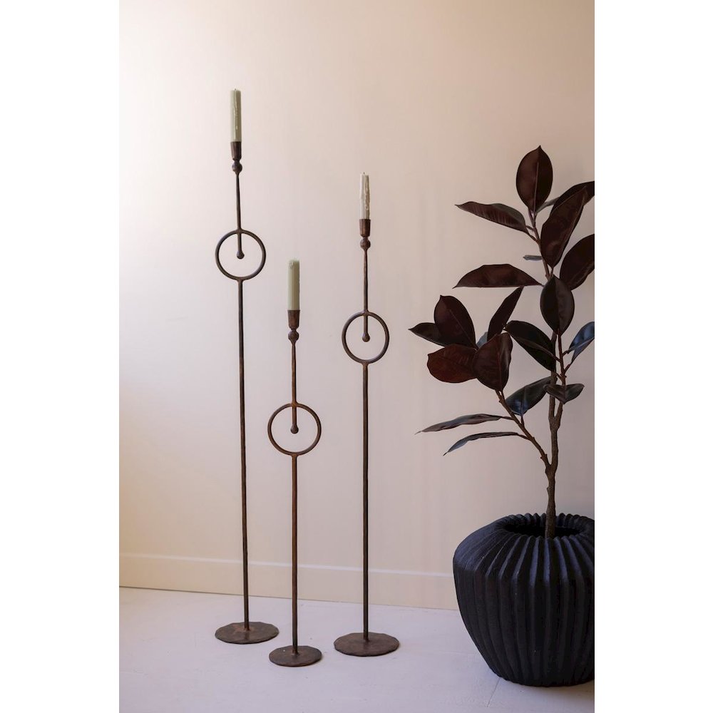 Set Of Three Tall Taper Candle Holder With Circle Detail. Picture 3