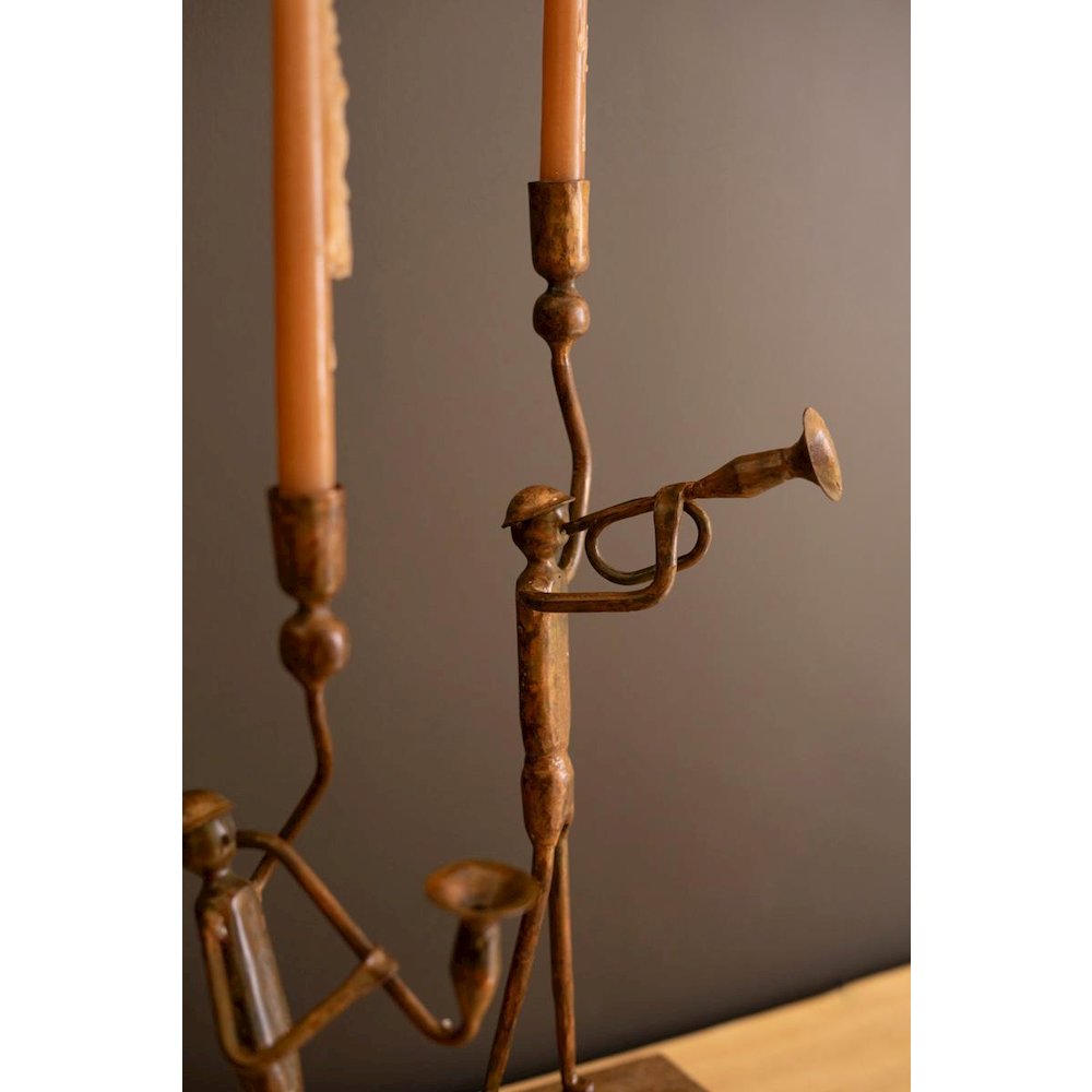Set Of Two Forged Iron Trumpet And Saxaphone Taper Candle Holders. Picture 1