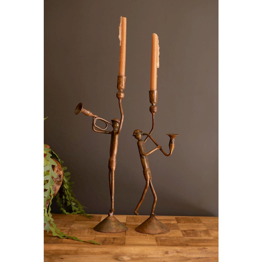 Set Of Two Forged Iron Trumpet And Saxaphone Taper Candle Holders. Picture 2