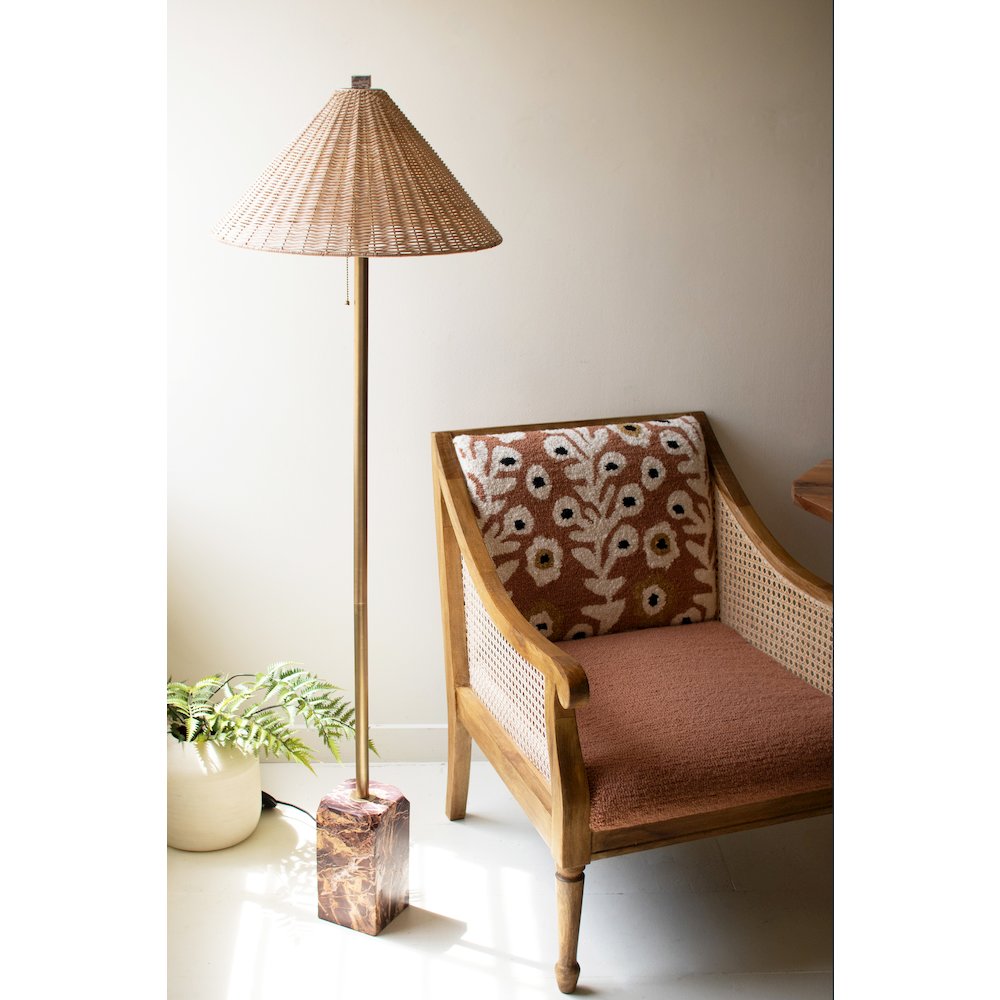 Floor Lamp With Red Marble Base And Rattan Shade. Picture 1