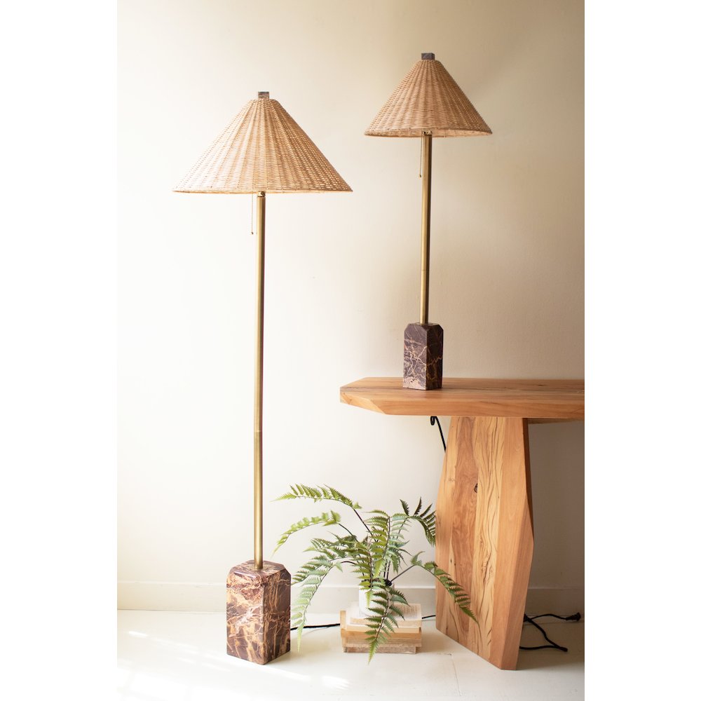 Floor Lamp With Red Marble Base And Rattan Shade. Picture 2