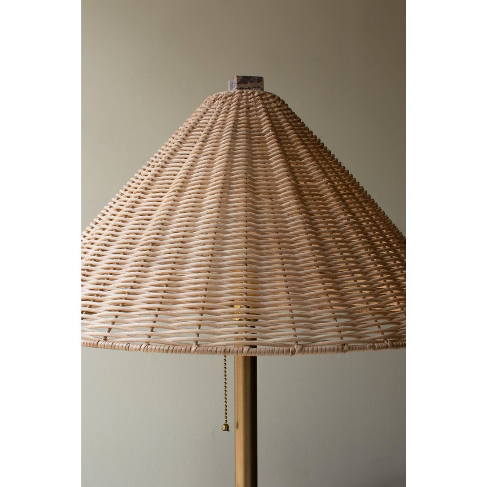 Floor Lamp With Red Marble Base And Rattan Shade. Picture 4