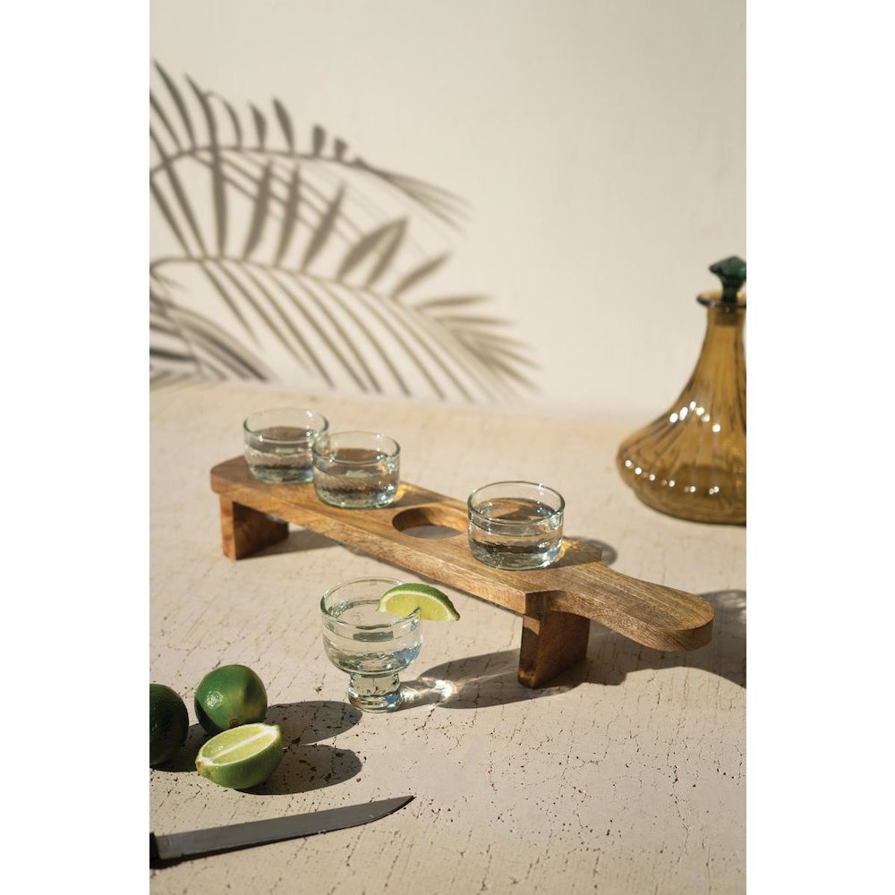 Tequila Flight - Four Glasses On A Wooden Base. Picture 1