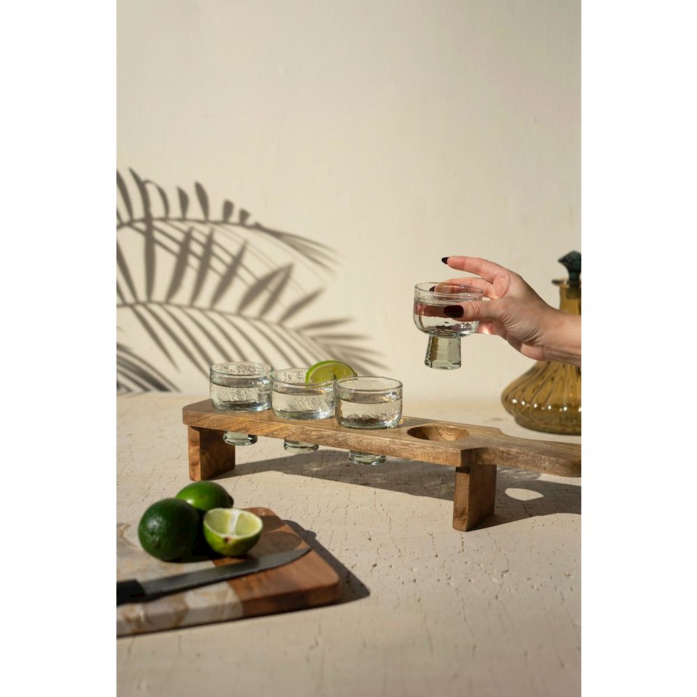 Tequila Flight - Four Glasses On A Wooden Base. Picture 2