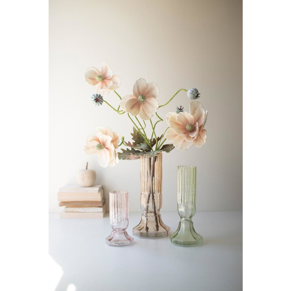 Set Of Three Fluted Glass Vases - One Each Color. Picture 1