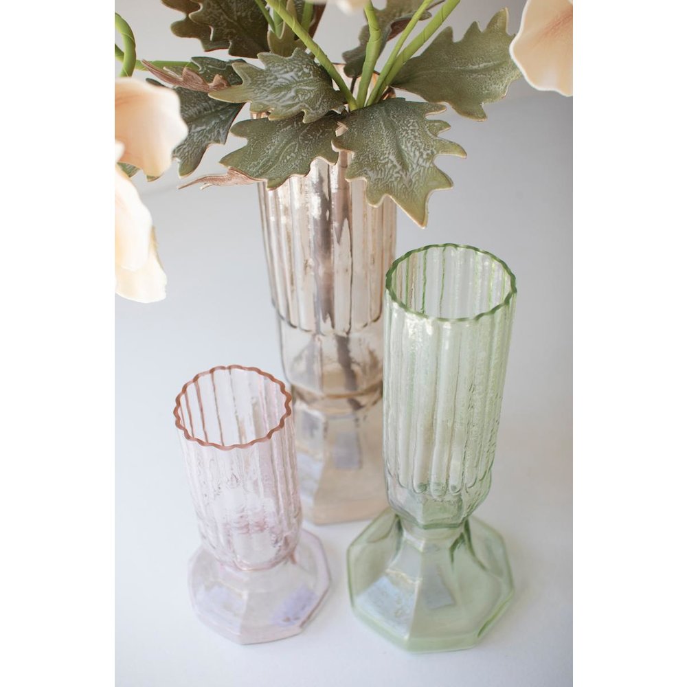 Set Of Three Fluted Glass Vases - One Each Color. Picture 2