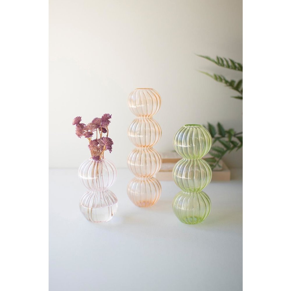 Set Of Three Fluted Glass Stacking Ball Vases - One Each Color. Picture 1