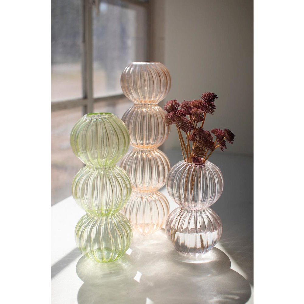 Set Of Three Fluted Glass Stacking Ball Vases - One Each Color. Picture 2