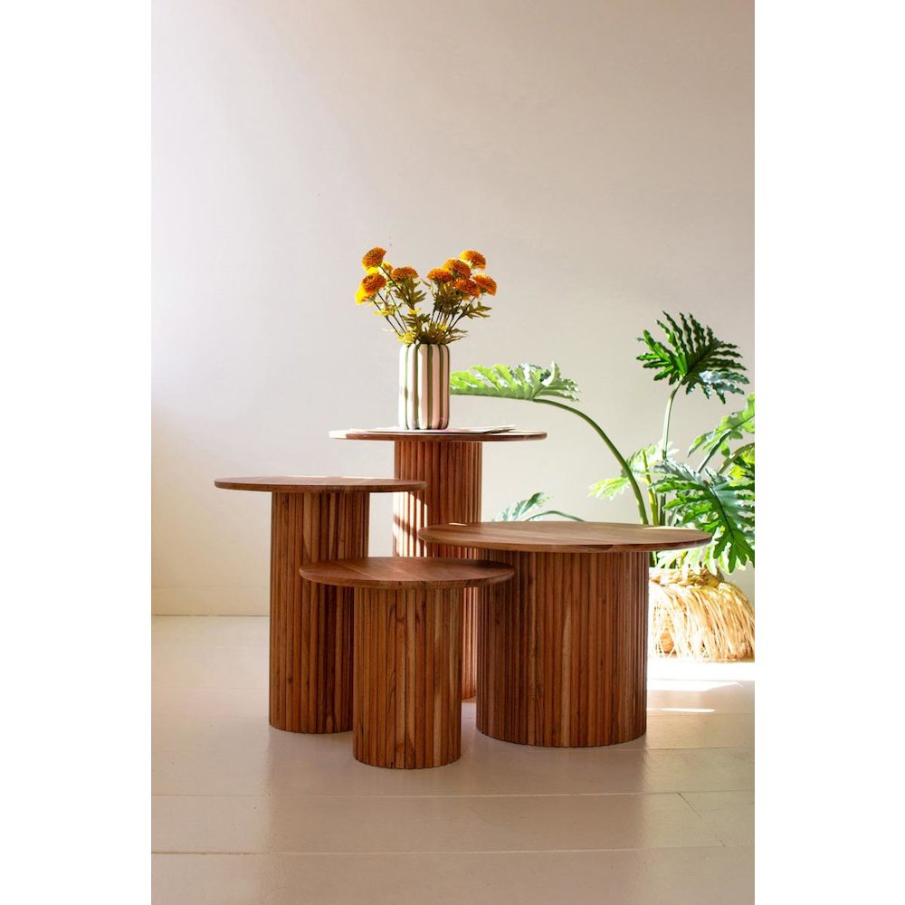 Set Of Four Acacia Wood Accent Tables With Tambour Bases. Picture 1