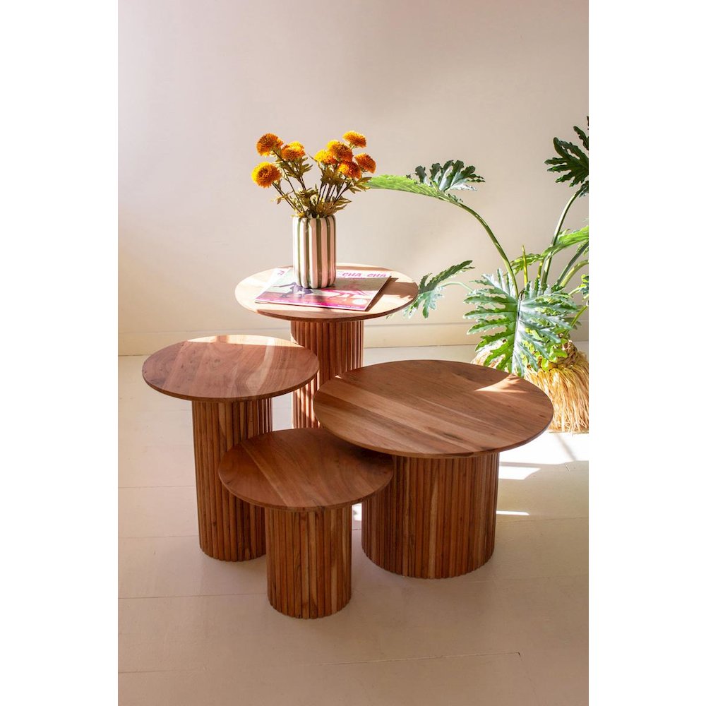 Set Of Four Acacia Wood Accent Tables With Tambour Bases. Picture 3