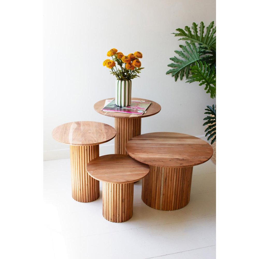 Set Of Four Acacia Wood Accent Tables With Tambour Bases. Picture 4