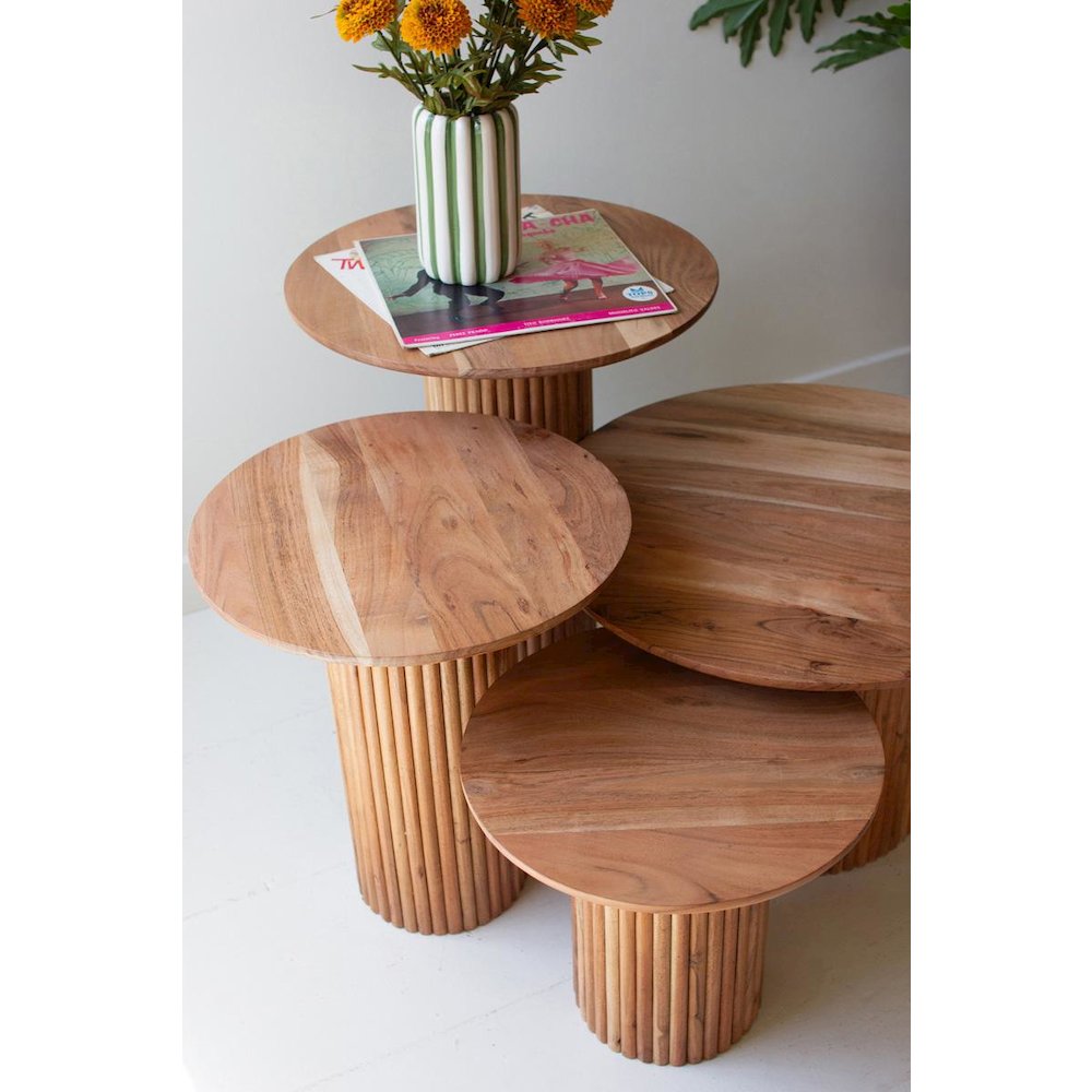 Set Of Four Acacia Wood Accent Tables With Tambour Bases. Picture 5