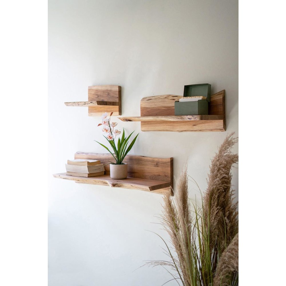 Set Of Three Live-Edge Acacia Wood Floating Shelves. Picture 1